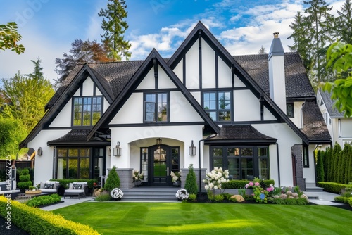 Modern White Tudor House With Black Trim and Lush Greenery in a Residential Neighborhood