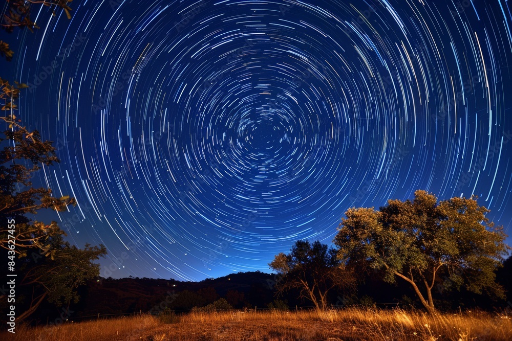 Fototapeta premium Star Trails Over Silhouetted Trees at Dawn