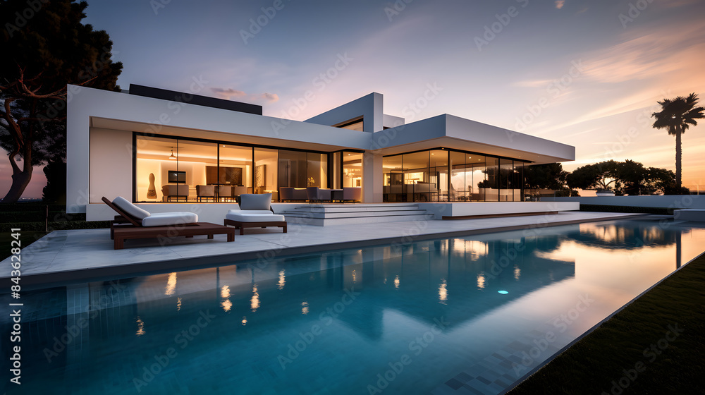 Luxury Modern House with Pool and Sunset Reflections Luxury Modern House with Pool and Sunset Reflections