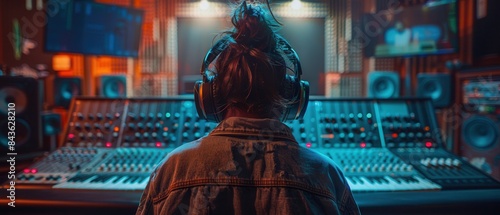 An individual at a mixing desk in a contemporary recording studio, dressed nicely with oversized headphones, seen from behind photo