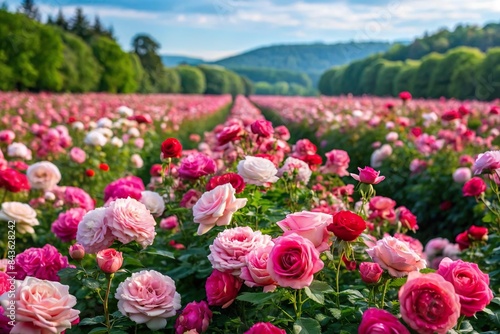 Fototapeta Naklejka Na Ścianę i Meble -  blooming rose field in morning. Flower farm cultivation