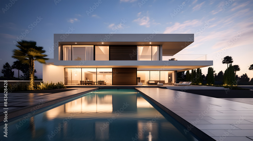 Fototapeta premium Modern Luxury House with Infinity Pool and Night Lights