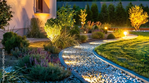modern landscaping design with illuminated pathway and ambient lighting in residential garden night scene