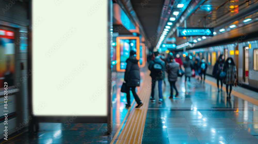 Fototapeta premium Blank white digital sign billboard poster mockup in train station during evening. Empty advertisement light box on the underground subway hall. Generative ai.