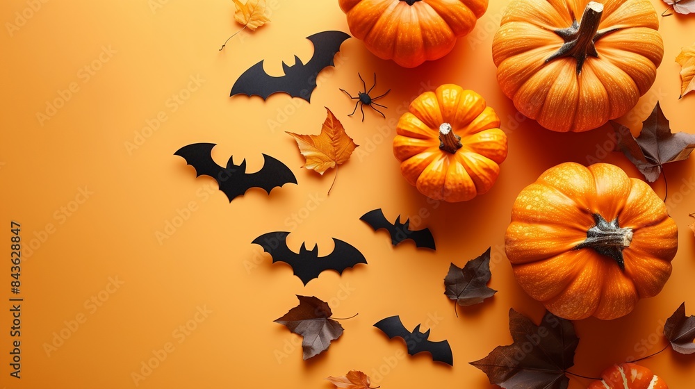 Happy Halloween holiday concept. Halloween decorations, pumpkins, bats, maple leaves on orange background. Minimal style. Flat lay, top view. Happy Halloween holiday concept. Halloween decorations, pumpkins, bats, maple leaves on orange background. Minimal style. Flat lay, top view.
