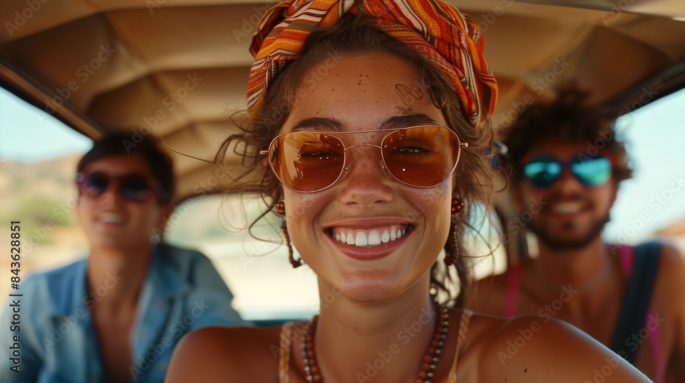 Happy Young Friends on a Sunny Road Trip Summer Adventure. Generative ai Happy Young Friends on a Sunny Road Trip Summer Adventure. Generative ai