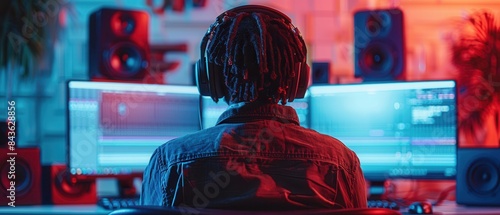 An individual sitting at a digital audio workstation in a stylish recording studio, wearing big headphones, from behind