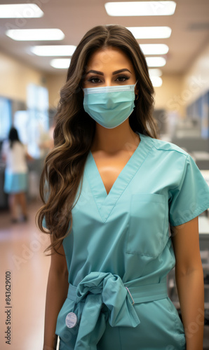 Female nurse in an emergency room, selfie view from a smartphone, wearing blue scrubs and face mask.