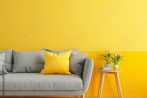 Grey Couch With Yellow Pillow in Modern Living Room