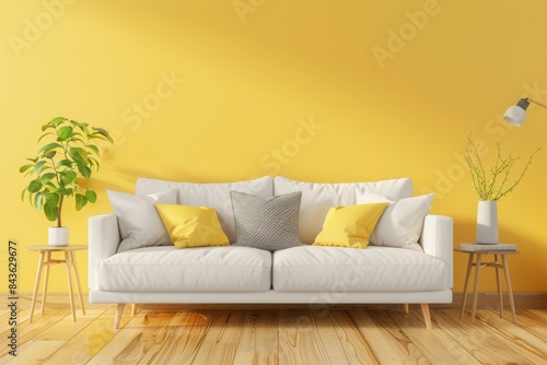 White Sofa With Yellow Pillows in a Room With a Yellow Wall © PLATİNUM