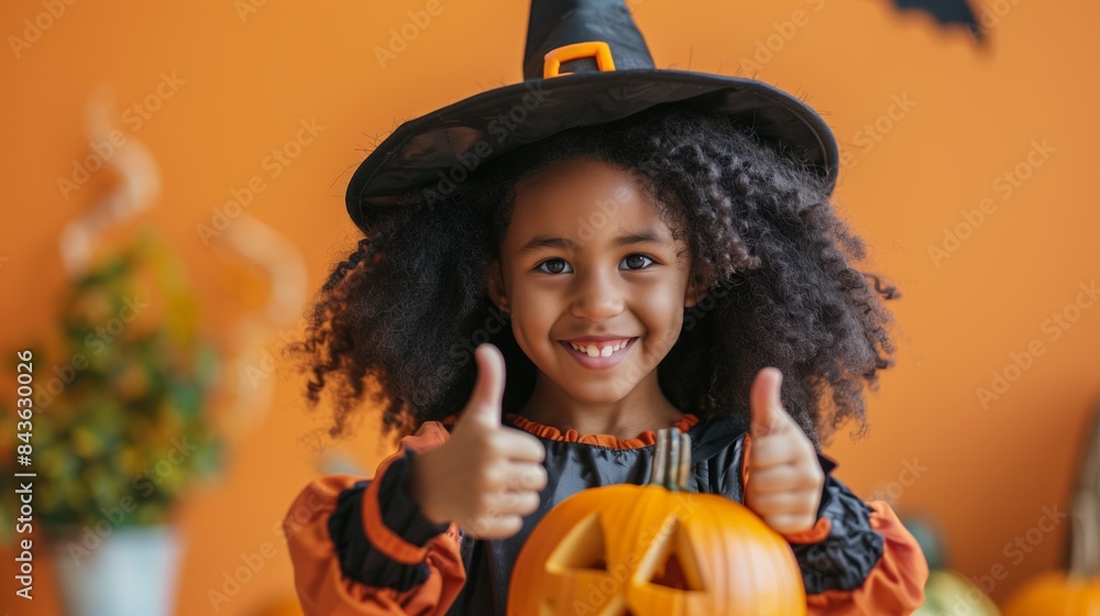 Cheerful smiling african american girl with curly hair in witch costume at pumpkin and showing thumbs up while celebrates Halloween on orange studio background Cheerful smiling african american girl with curly hair in witch costume at pumpkin and showing thumbs up while celebrates Halloween on orange studio background