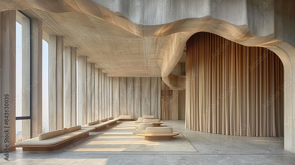 A view of a modern interior with wooden accents and large windows in a contemporary building A view of a modern interior with wooden accents and large windows in a contemporary building