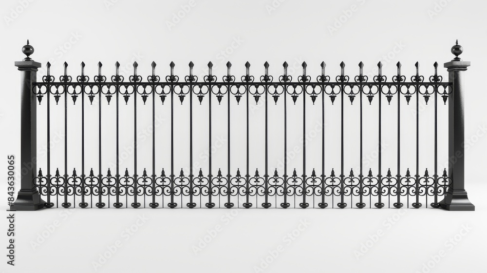 Ornate Black Iron Fence Against White Background Ornate Black Iron Fence Against White Background