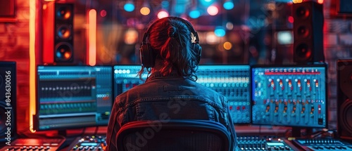 An individual working on sound editing in a hightech recording studio, fashionable outfit and large headphones, from behind photo