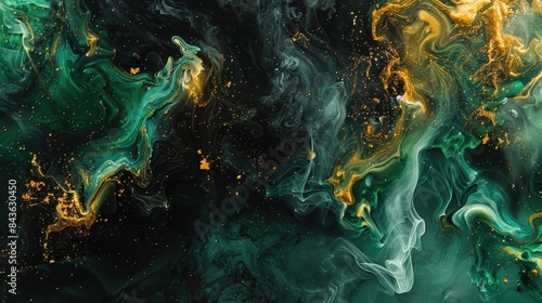 Abstract Green And Gold Swirling Paint Artwork