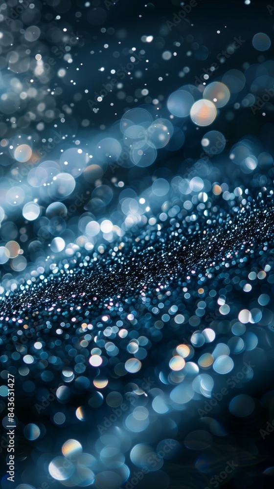 A luxurious background featuring white glitter on a dark background and bokeh lights, ideal for upscale and festive designs. A luxurious background featuring white glitter on a dark background and bokeh lights, ideal for upscale and festive designs.