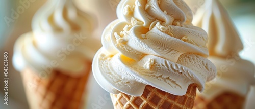 Closeup of a vanilla ice cream cone, showing intricate details and texture, sharp 8K image, isolated on white background photo