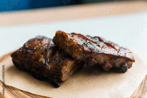 Wallpaper Mural Pork steak with sauce on a wooden board Torontodigital.ca