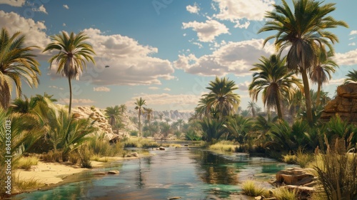 Serene Oasis With Palm Trees And A Tranquil River Under A Sunny Sky