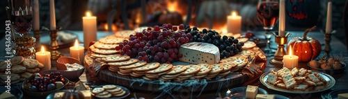 Screamthemed cheese and blackberry platter with assorted crackers  Halloween party snack  creative and spooky  Realistic  Warm lighting 8K   high-resolution  ultra HD up32K HD