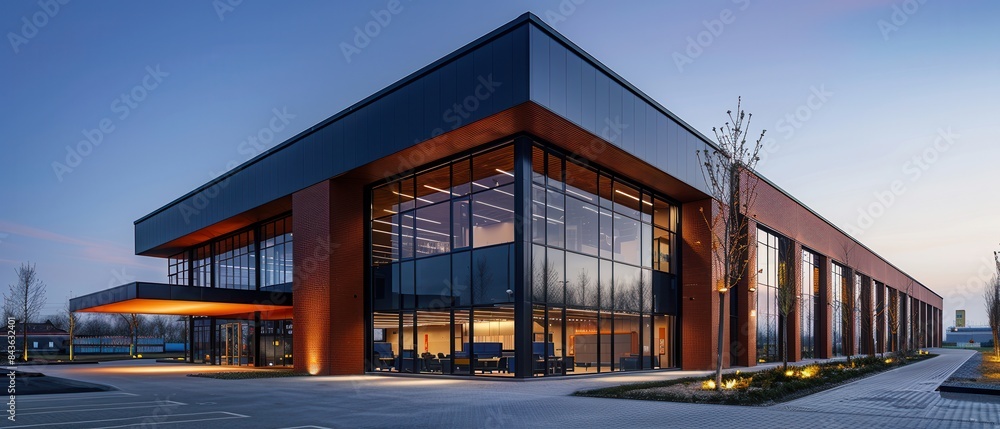Contemporary industrial building with a sharp, minimalist design and clean lines Contemporary industrial building with a sharp, minimalist design and clean lines