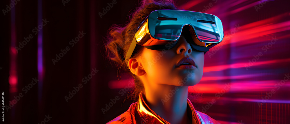 Girl Immersed in Virtual Reality with Futuristic Glasses Girl Immersed in Virtual Reality with Futuristic Glasses