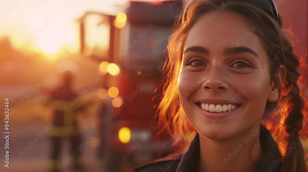Closeup portrait of a smiling female firefighter Closeup portrait of a smiling female firefighter