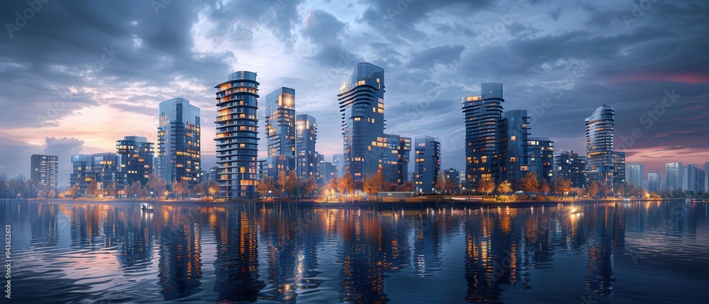 Fototapeta premium Contemporary waterfront development with sharpedged buildings reflecting in the water