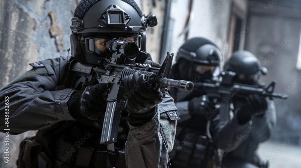 Special police force SWAT tactical team in team action Special police force SWAT tactical team in team action