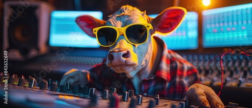 Cow wearing plaid shirt and sunglasses at sound mixing desk