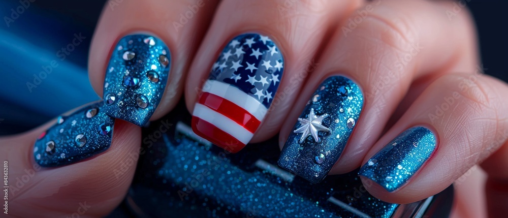Hand holding a blue nail polish bottle, nails painted blue with one accent nail featuring the American flag, Realistic, High contrast 8K , high-resolution, ultra HD,up32K HD Hand holding a blue nail polish bottle, nails painted blue with one accent nail featuring the American flag, Realistic, High contrast 8K , high-resolution, ultra HD,up32K HD