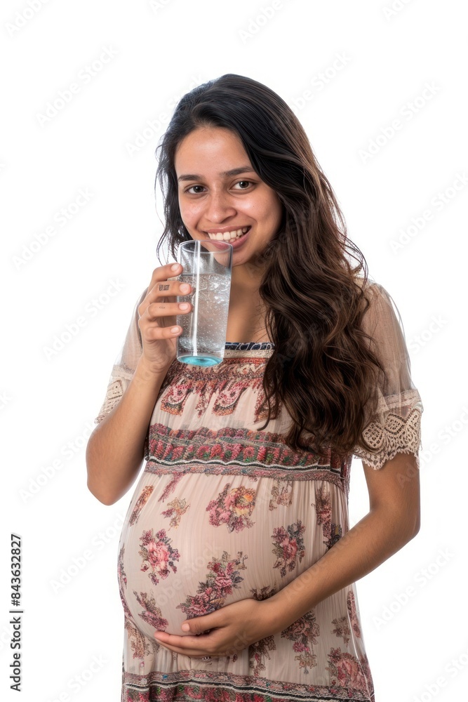 Pregnant latin woman drinking portrait smiling. Pregnant latin woman drinking portrait smiling.
