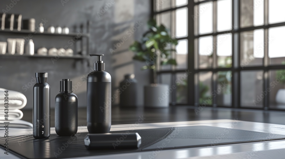 Modern spa products including bottles and towels in a minimalist setting with large windows and natural light. Modern spa products including bottles and towels in a minimalist setting with large windows and natural light.