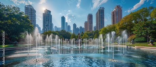 Detailed 8K photo of a city park with fountains and tall buildings in the background photo