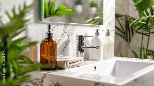 Modern bathroom with stylish marble countertop, green plants, and elegant soap dispensers creating a fresh and relaxing atmosphere.