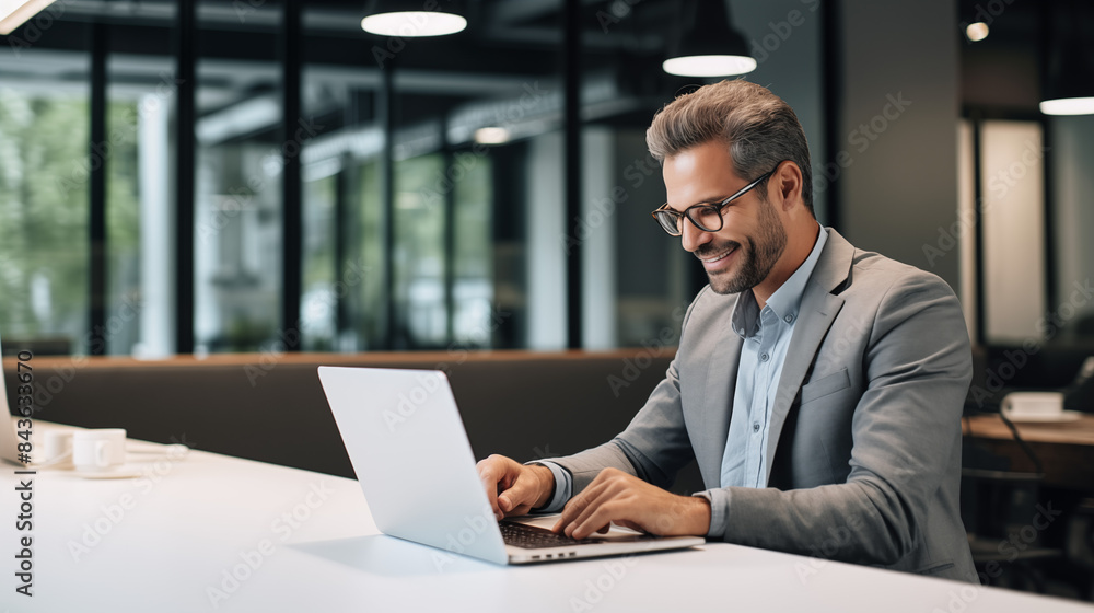 Smiling Businessman Working on Laptop in Modern Office Smiling Businessman Working on Laptop in Modern Office