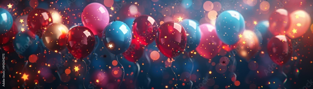 Bright Neon PROMOTION Sign with Festive Balloons and Stars Background Bright Neon PROMOTION Sign with Festive Balloons and Stars Background