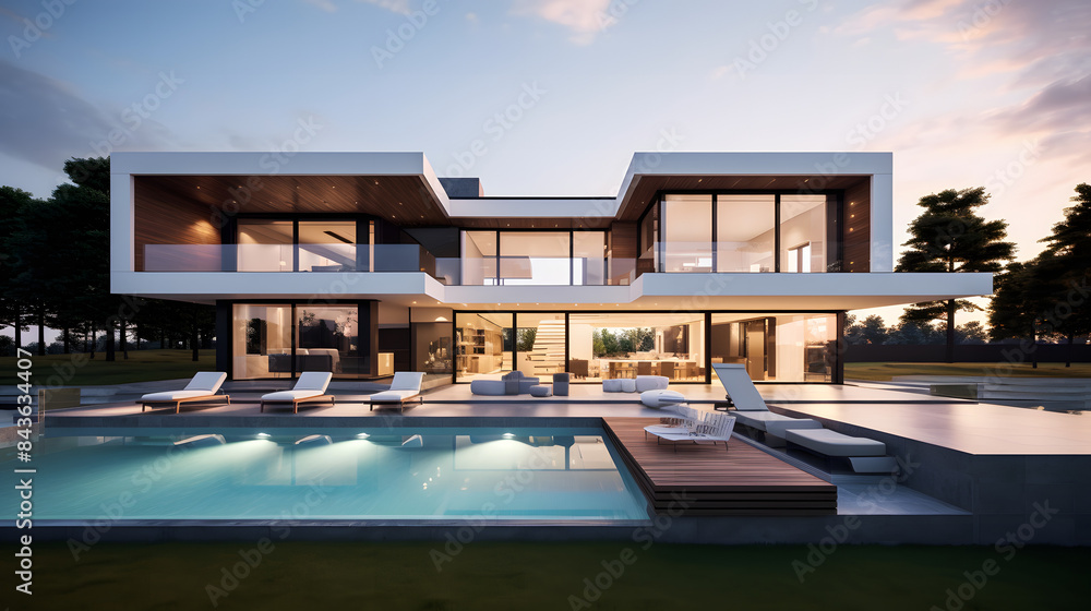 Luxurious Modern House with Pool and Evening Lighting Luxurious Modern House with Pool and Evening Lighting