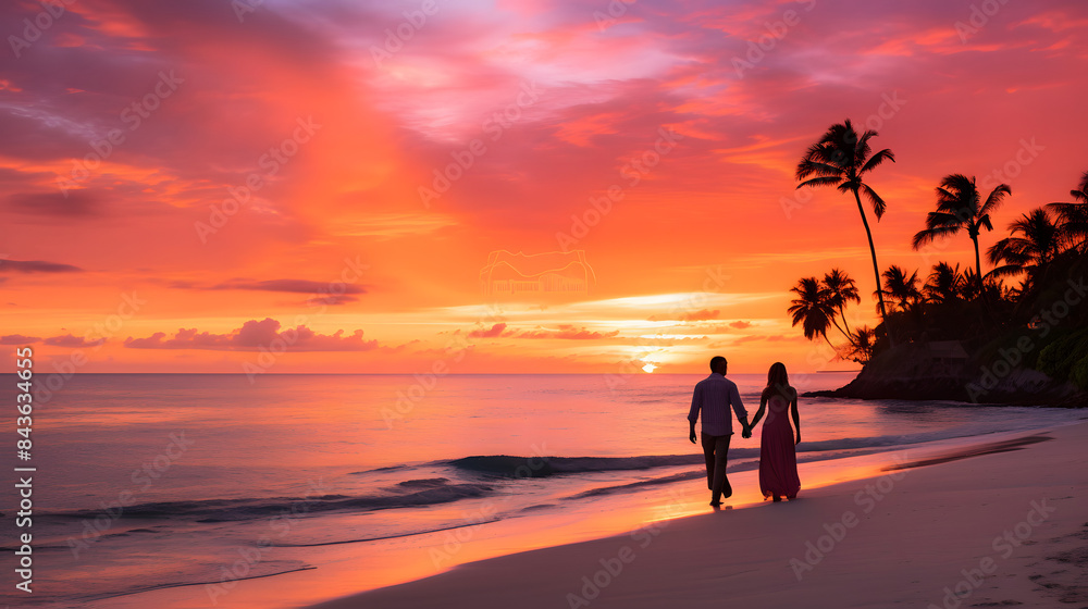 Romantic Sunset Beach Walk with Silhouettes Romantic Sunset Beach Walk with Silhouettes