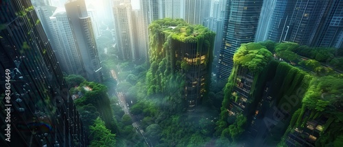 Hightech urban area with sharp architectural lines and green rooftop gardens photo