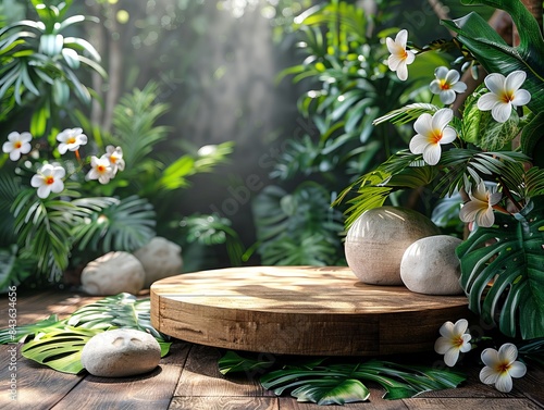 Rustic Wooden Pedestal in a Lush Botanical Setting photo
