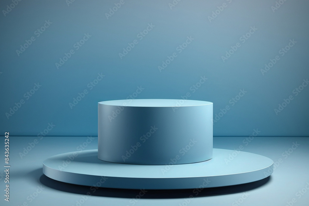 Empty podium or pedestal display on blue background with cylinder stand concept. Blank product shelf standing backdrop, Generative AI