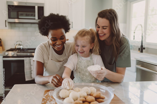 A kitchen becomes a canvas of joyful memories as a diverse and cheerful family comes together to bake cookies. Ideal for celebrating nontraditional families and inclusive moments.