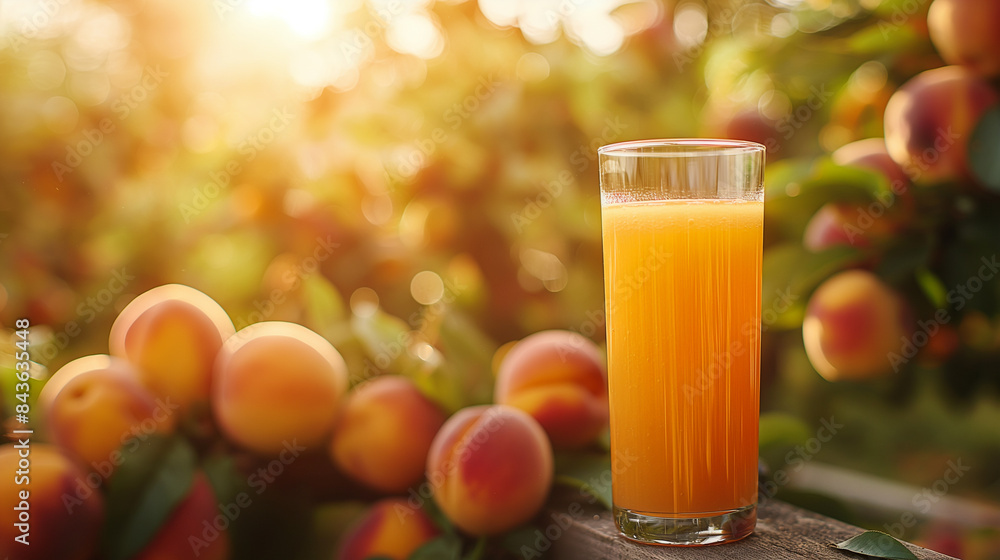 Close-up of a glass of fresh peach juice, peach orchard in the background with ripe peaches on the trees, warm sunlight Close-up of a glass of fresh peach juice, peach orchard in the background with ripe peaches on the trees, warm sunlight