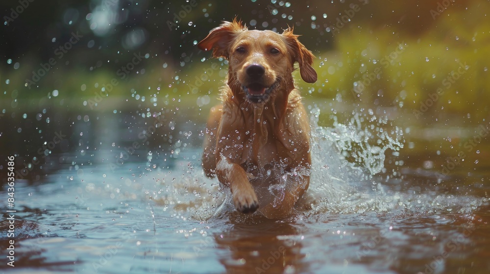 Dog and kids play in water in outdoor park Dog and kids play in water in outdoor park