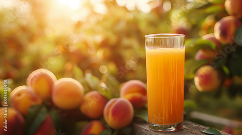 Close-up of a glass of fresh peach juice, peach orchard in the background with ripe peaches on the trees, warm sunlight 