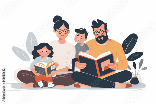 A happy family reads books together surrounded by green plants, fostering a love for reading and bonding. Ideal for promoting family literacy or educational content. Book Lovers Day.