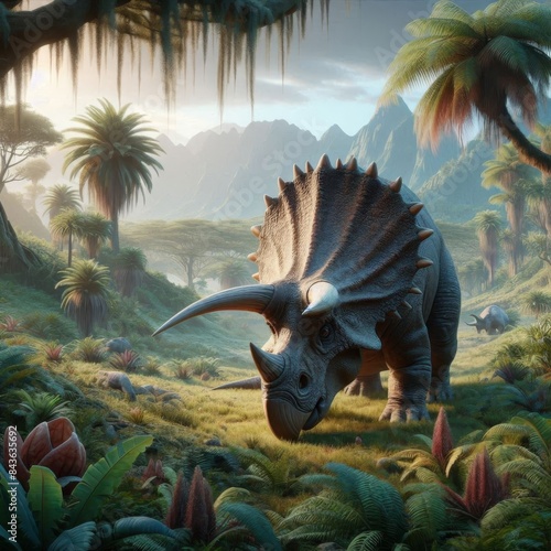 Realistic 4K depiction of Triceratops in its natural habitat