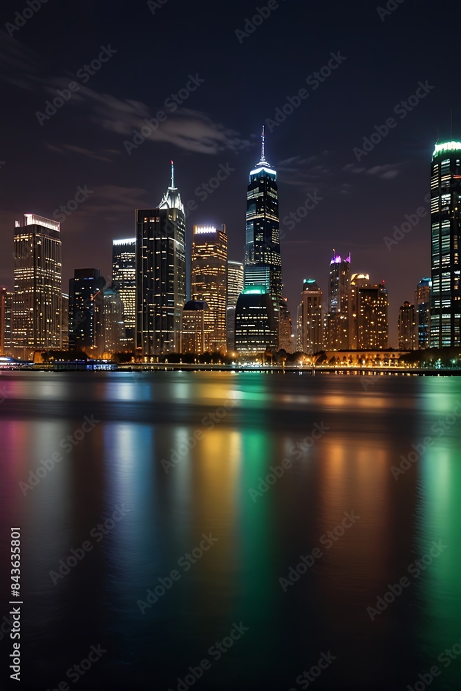 Fototapeta premium A vibrant city skyline at night with lights reflecting.