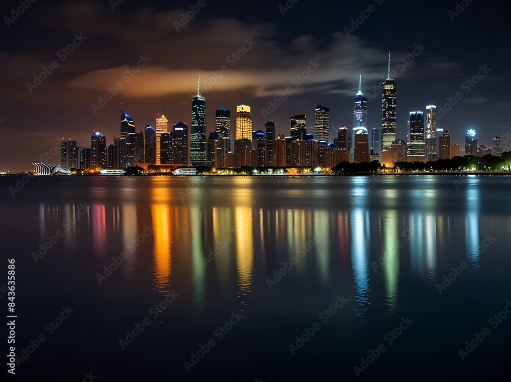 Obraz premium A vibrant city skyline at night with lights reflecting.